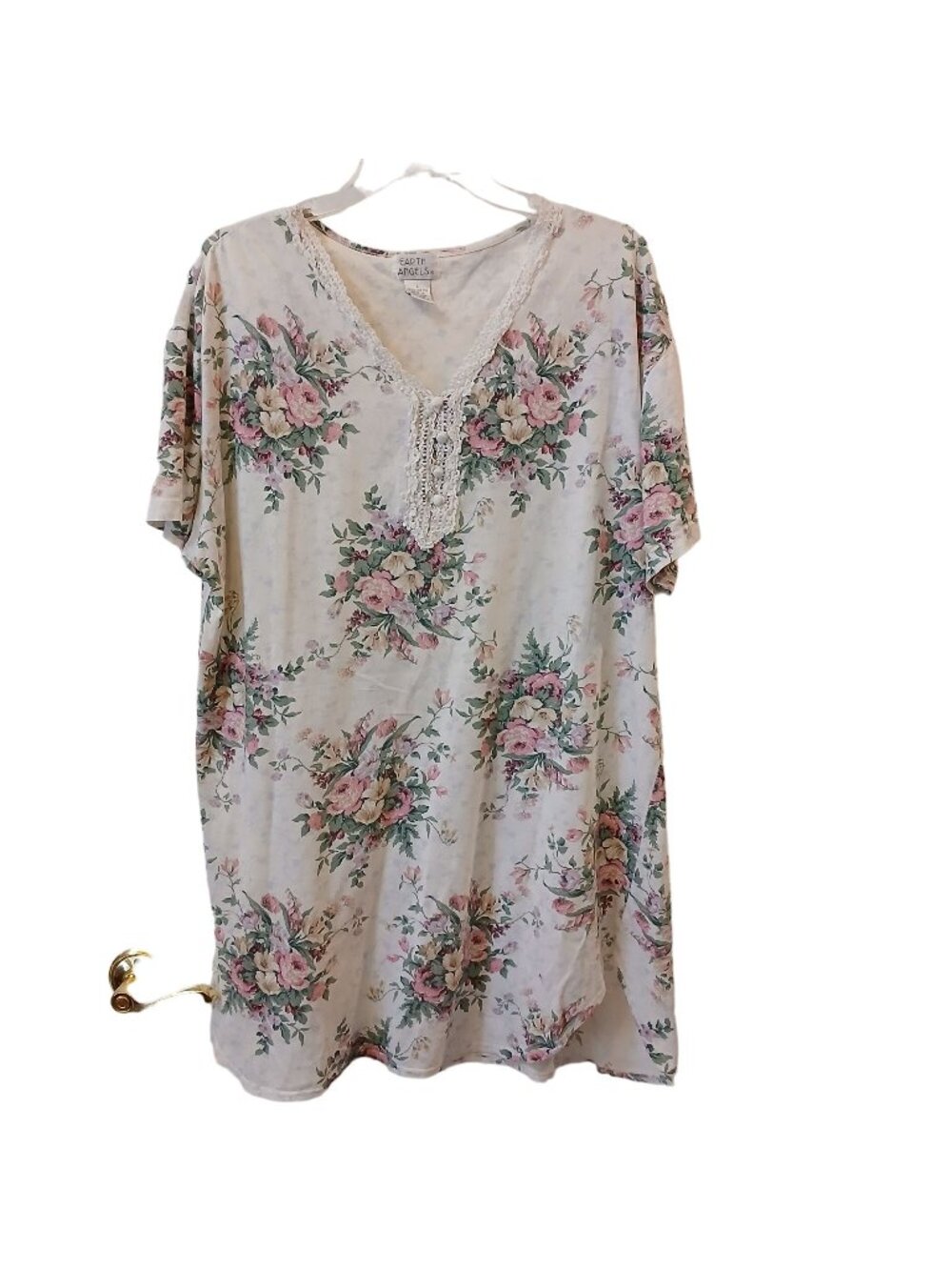 Earth Angels Floral Nightgown Large 100% Cotton Lace Trim VTG Made Hong Kong D33